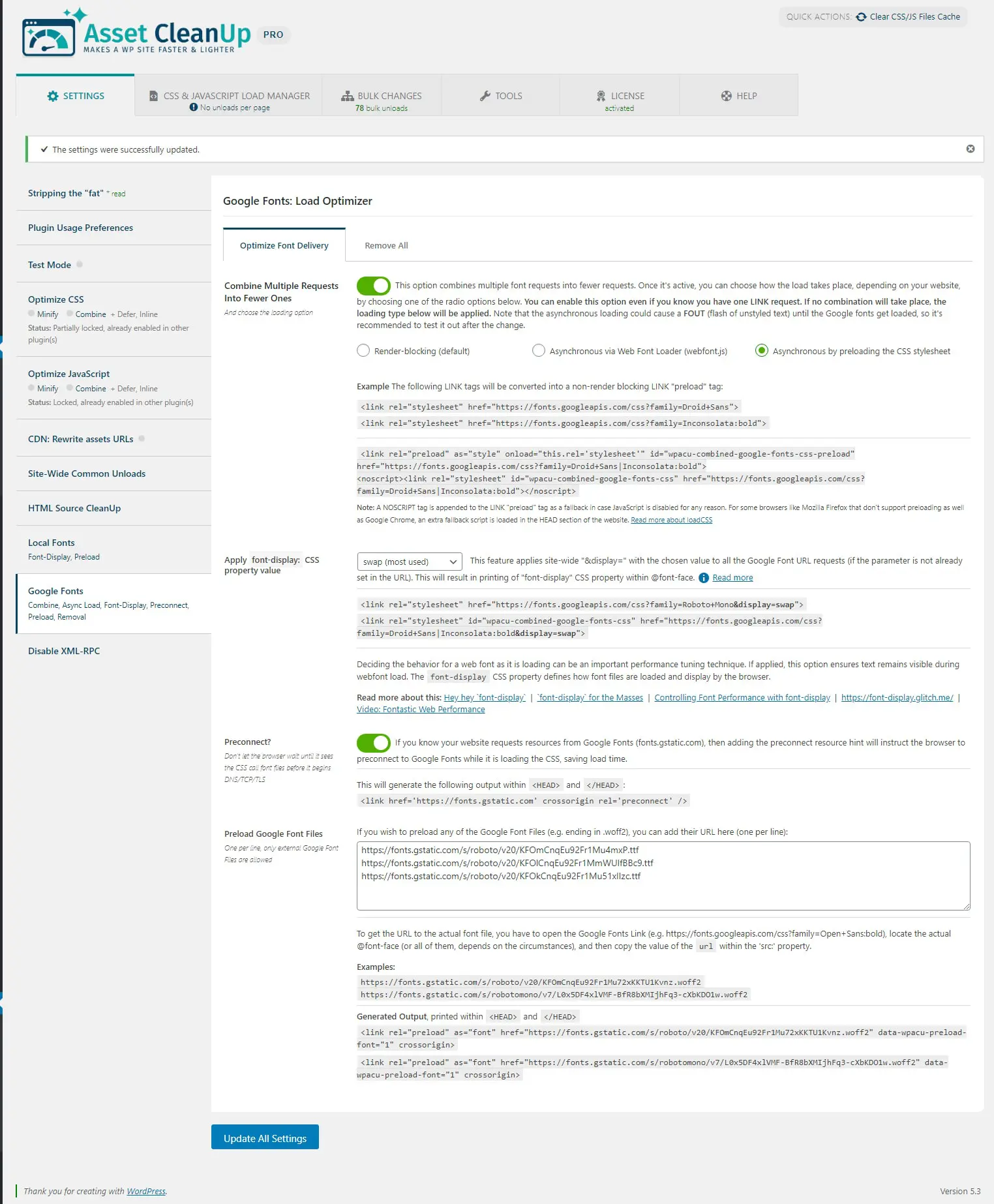 Asset CleanUp Google Fonts configure or remove