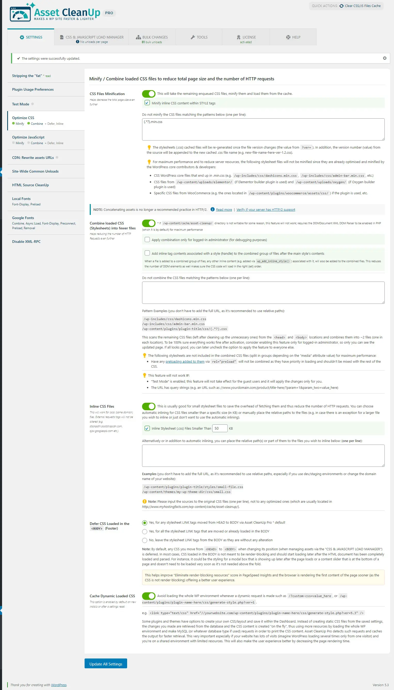 Asset CleanUp Pro CSS optimisation