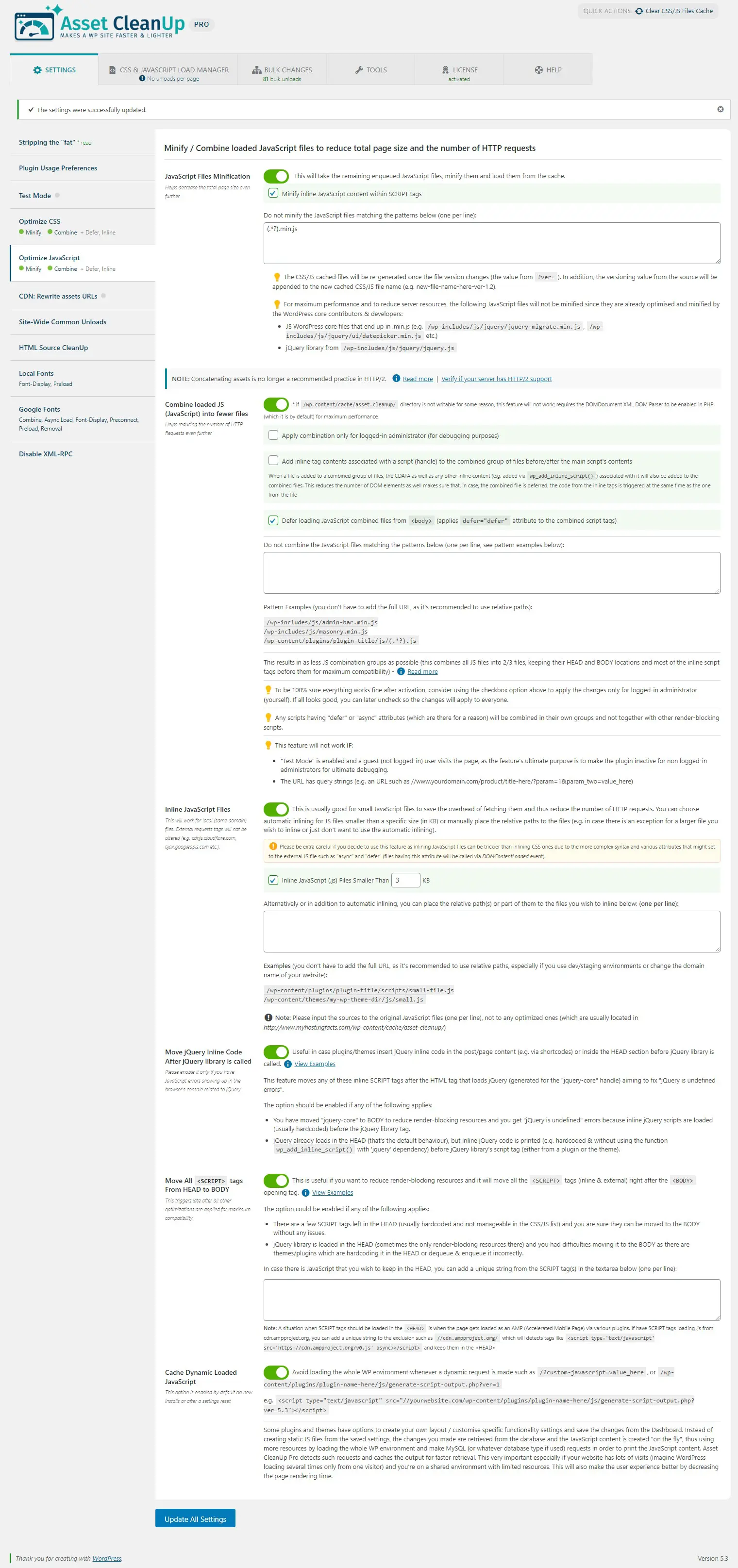 Asset CleanUp Pro JavaScript optimisation